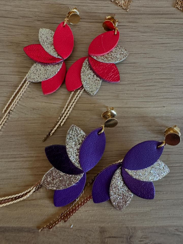boucles d'oreilles cuir et acier violet ou rose