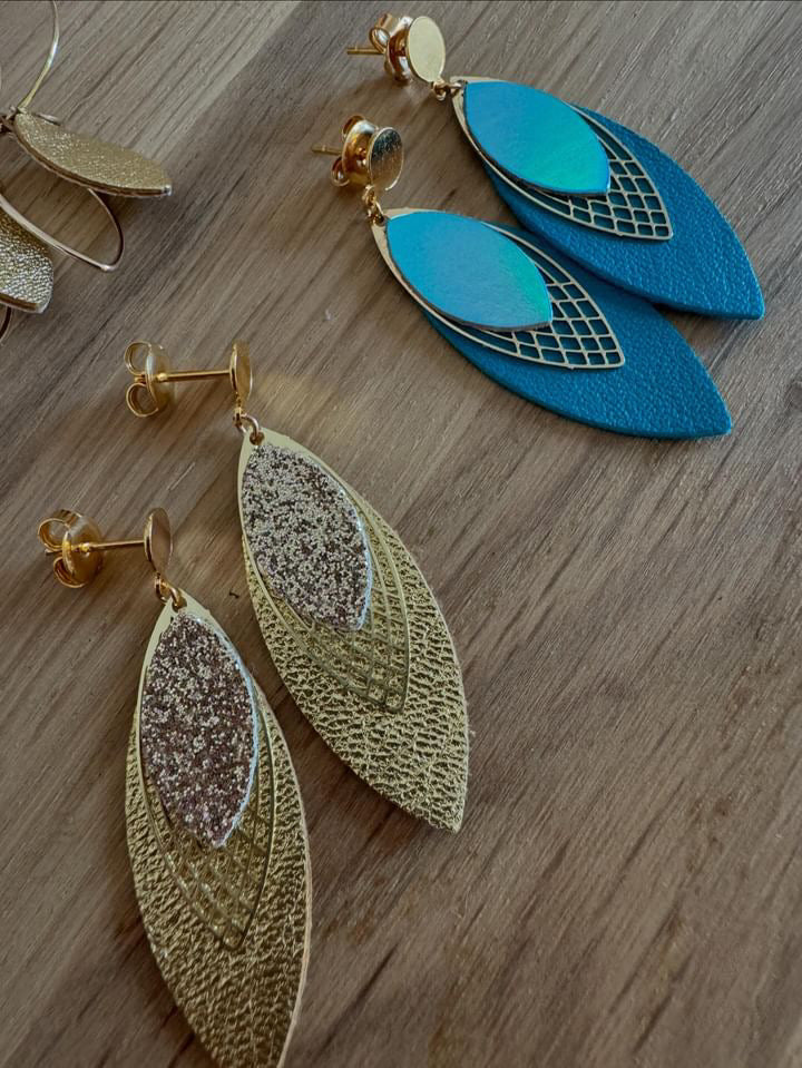 boucles d'oreilles en cuir bleue doré