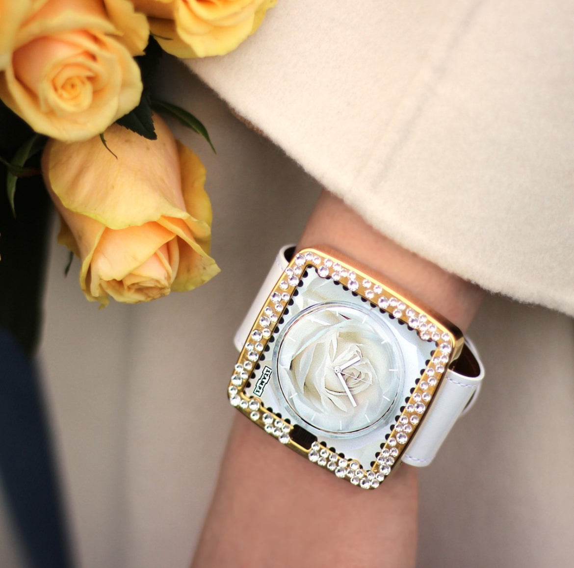 contour doré, strass blanc, contour de montre