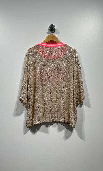 Teeshirt de soirée tout sequins doré inscription rose fuschia tendance 