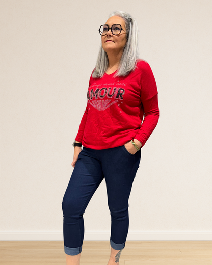 pull rouge strass jeans magique 