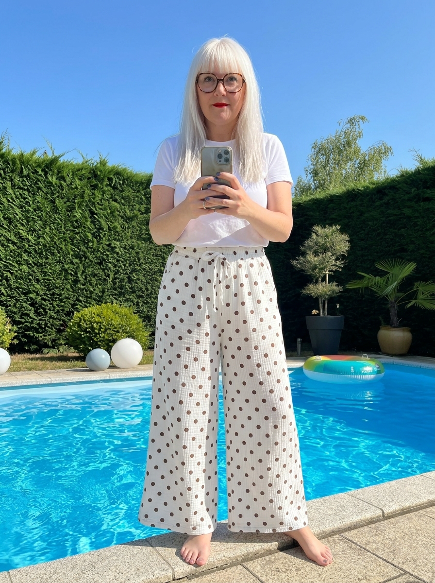 Pantalon gaze de coton pois chocolat blanc tendance IZZY soleil 