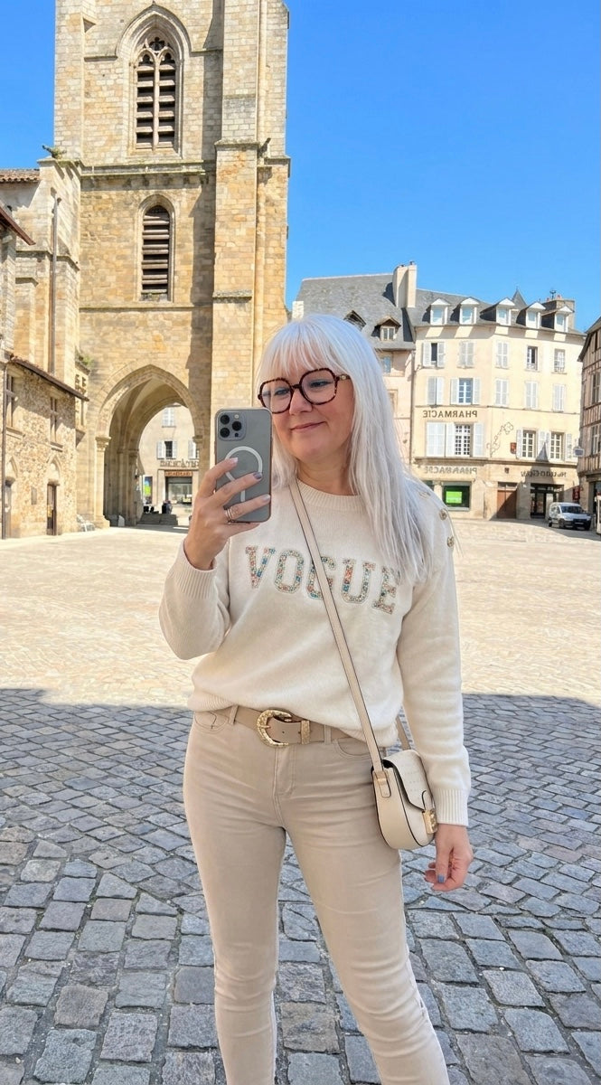 pull VOGUE femme, pull femme boutons bijoux, pull femme automne,