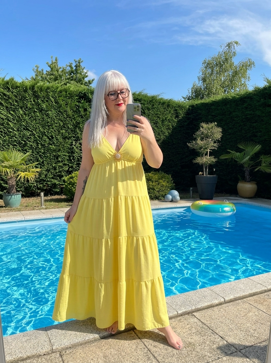 robe longue femme, robe fluide femme, robe avec broche soleil