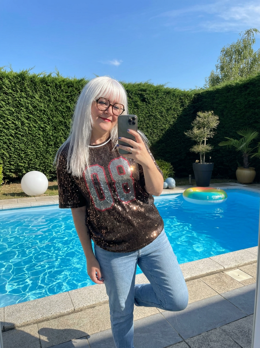 t-shirt sequins femme, t-shirt chocolat, t-shirt 08, tee-shirt oversize, t-shirt paillettes, mode femme tendance, prêt-à-porter femme, look chic, vêtements femme, Madame Rêve.