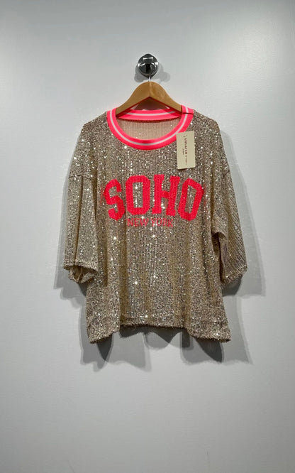 Haut en sequins tendance doré et rose fuschia 