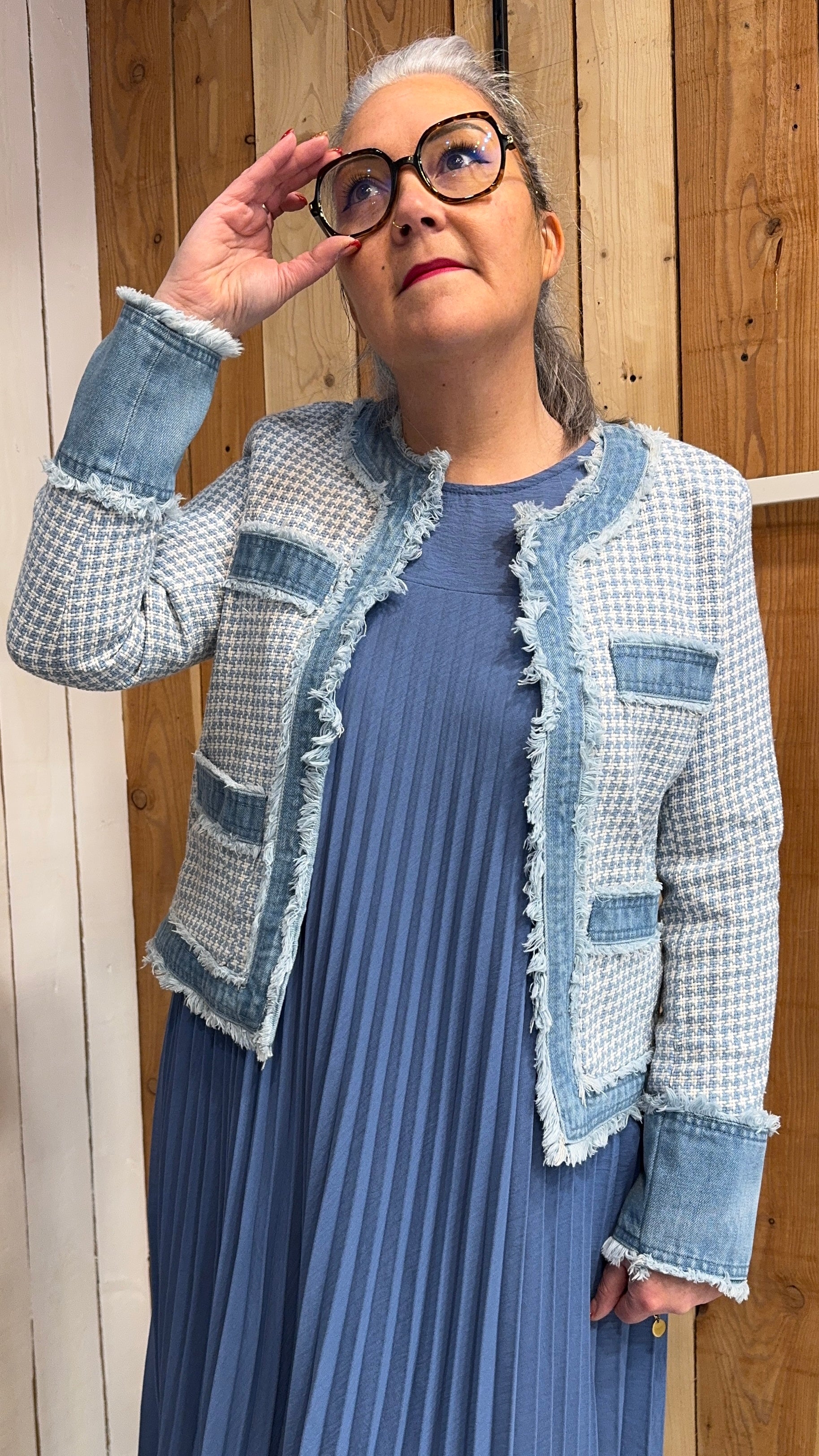 veste élégante casual chic pieds de poules bleu