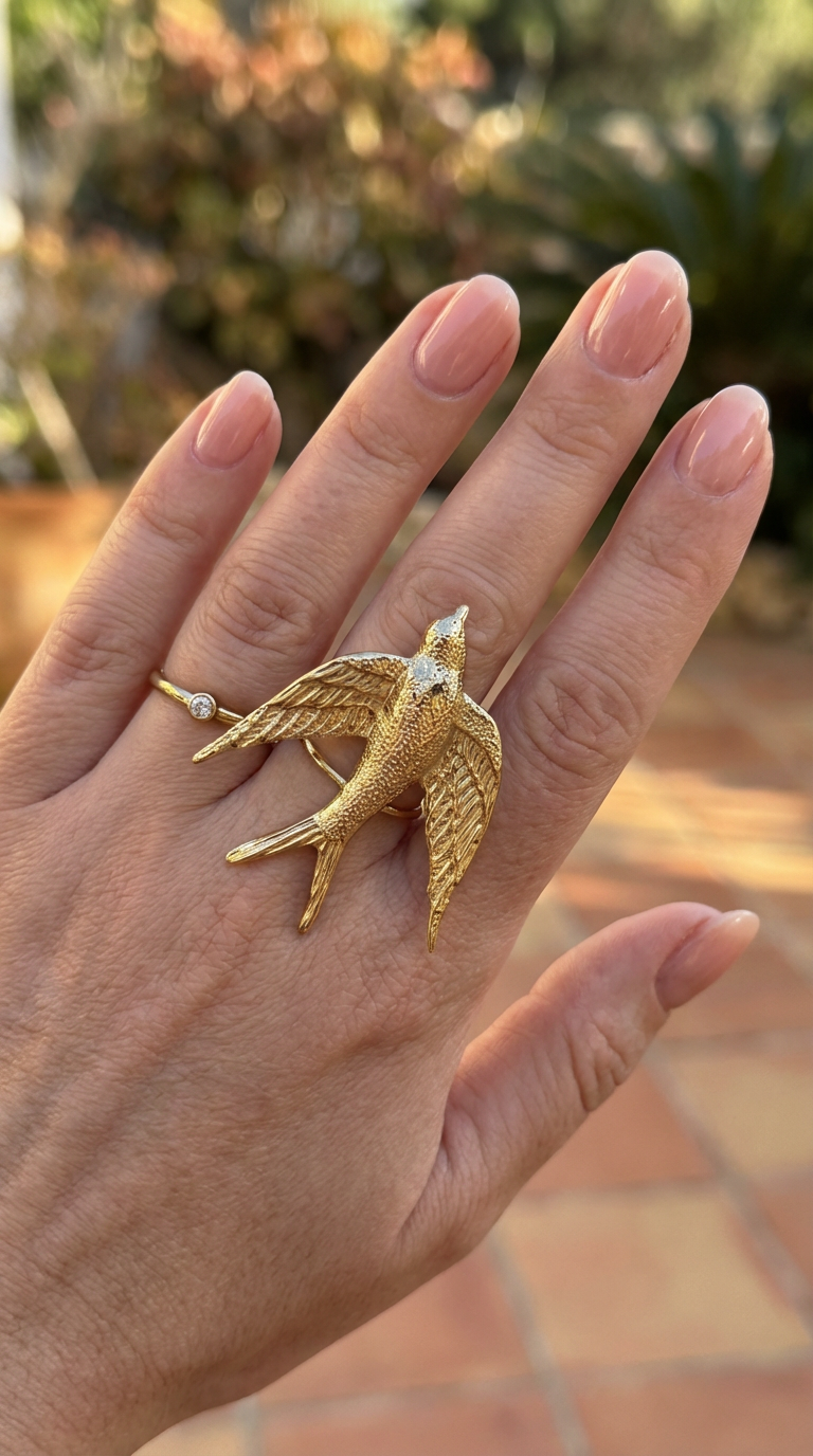 grosse bague réglable oiseau doré