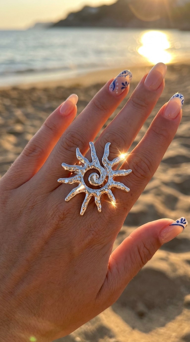 grosse bague soleil argenté acier inoxydable