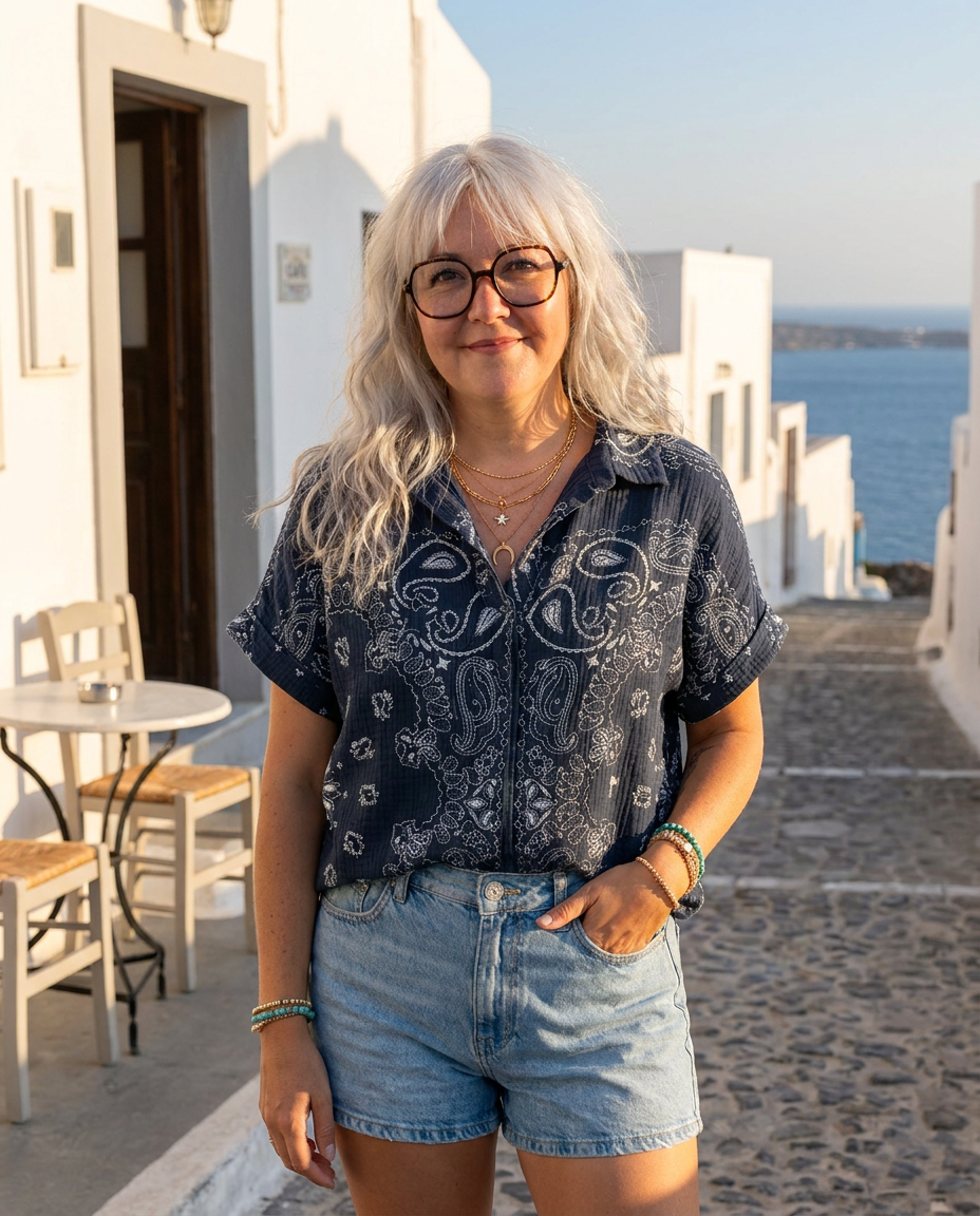 blouse gaze de coton Paisley bleu marine oversize femme cheveux blancs style bohème été Madame Rêve