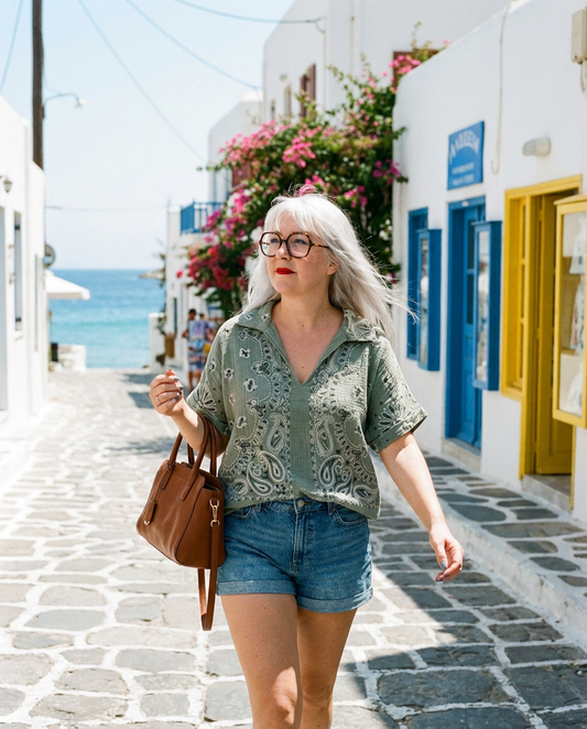 Chemise gaze de coton imprimé Paisley kaki oversize femme look bohème chic vacances Méditerranée Madame Rêve
