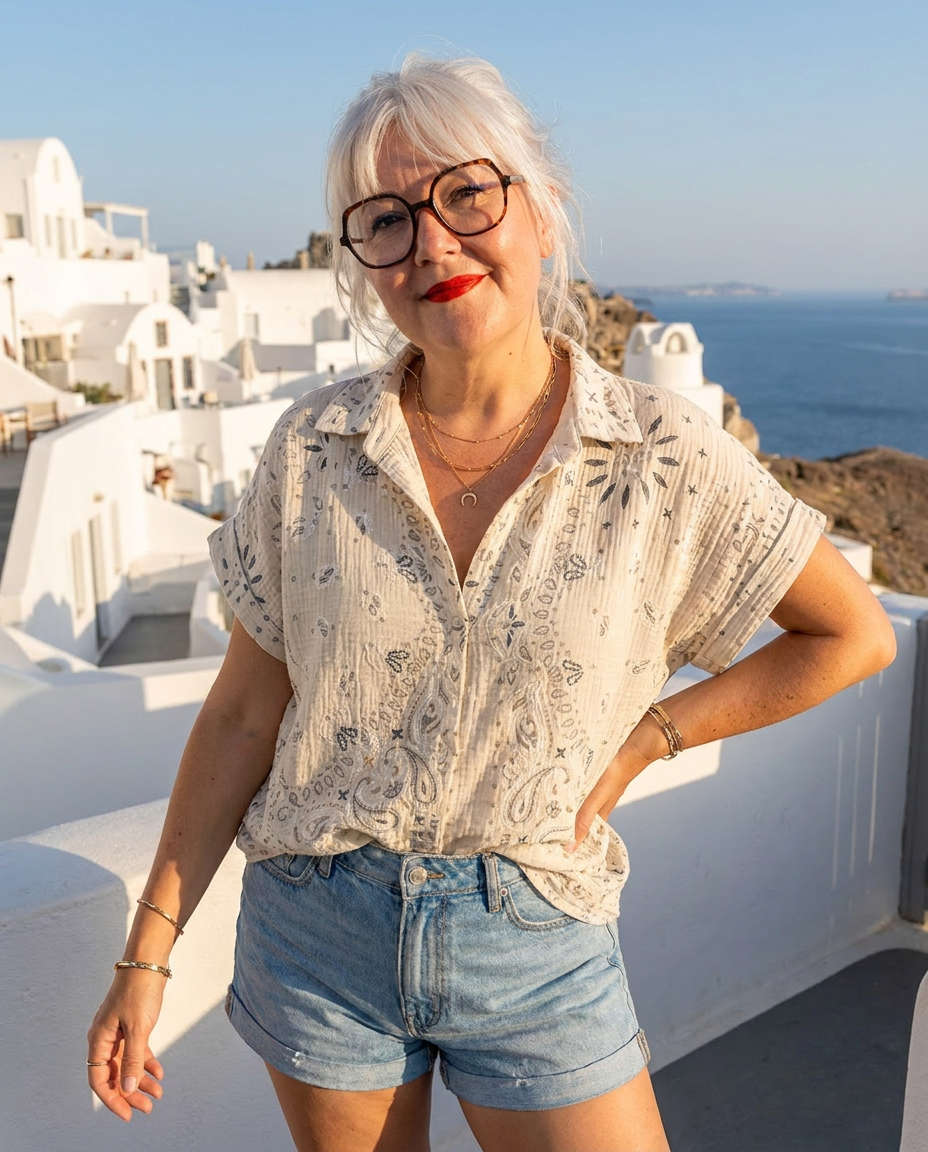 Chemise gaze de coton imprimé Paisley beige col V oversize femme taille unique look vacances été Madame Rêve