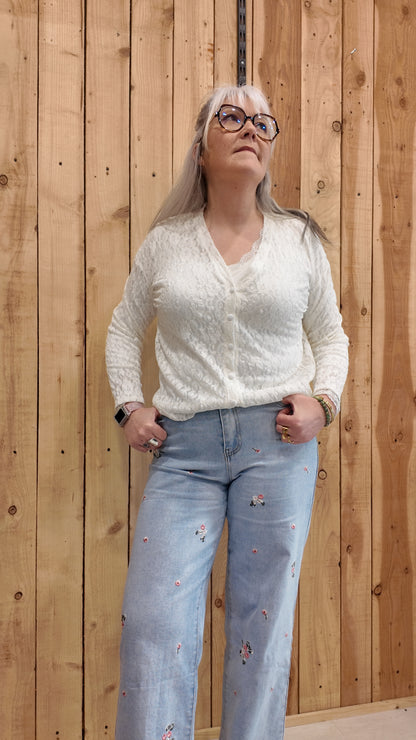 Gilet blanc dentelle femme chic, idéal mariage, baptême ou tenue habillée jusqu’au 42