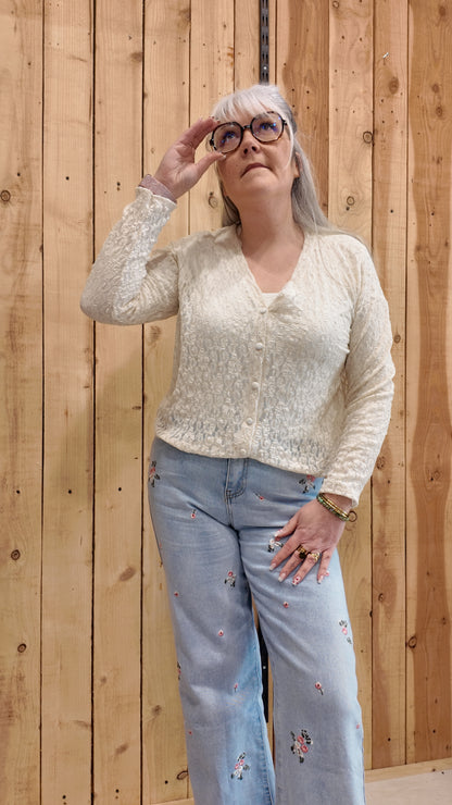 Gilet écru en dentelle femme élégant, veste fine habillée pour événement et cérémonie
