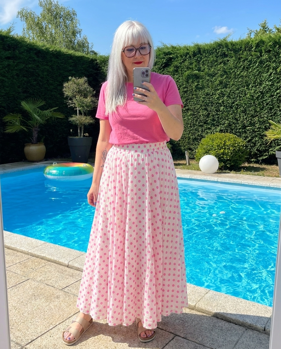 jupe longue femme, jupe à pois, jupe coton, jupe fluide, jupe été, jupe rose, jupe blanche à pois, jupe tendance, mode femme, Madame Rêve Tulle.