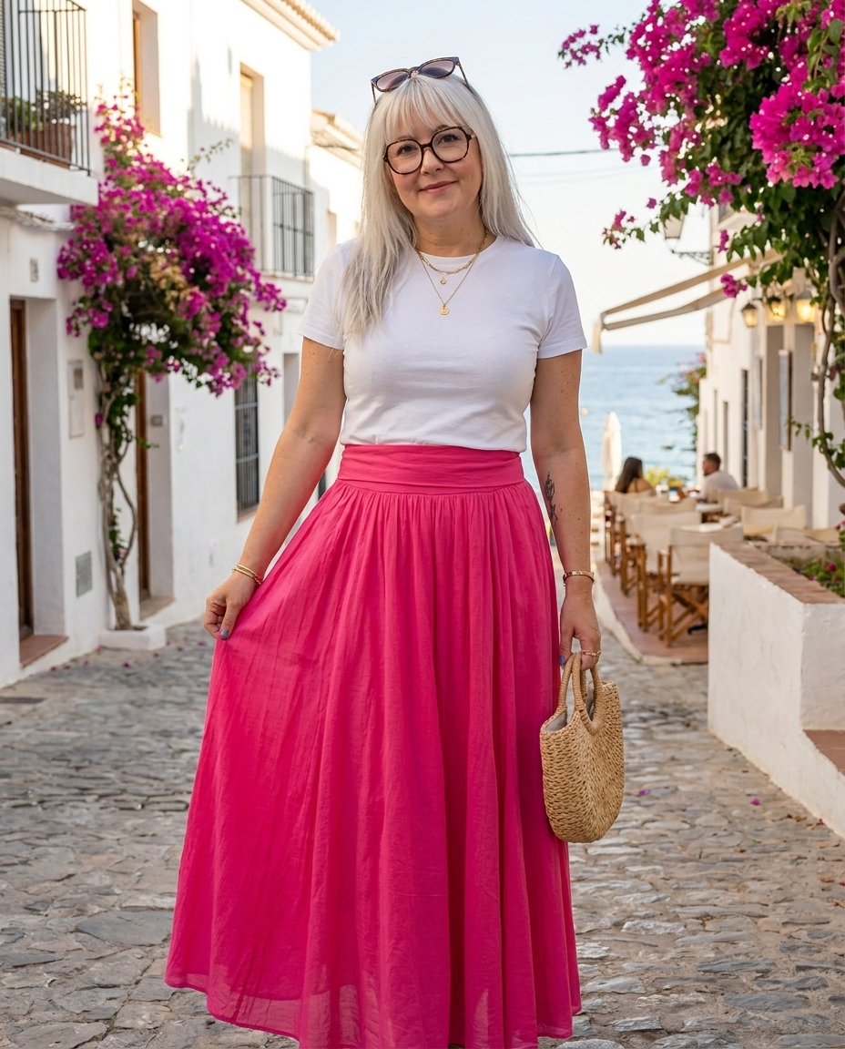 jupe coton légère, jupe bohème femme, jupe fluide élégante, jupe longue blanche, jupe fuchsia femme