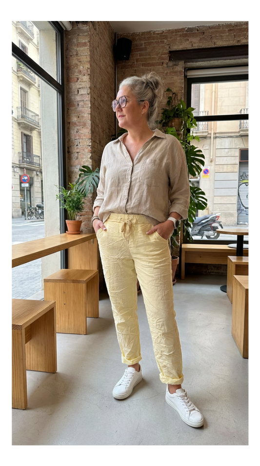 pantalon magique jaune femme été confortable
	pantalon fluide coloré taille élastique femme
	pantalon facile à porter été