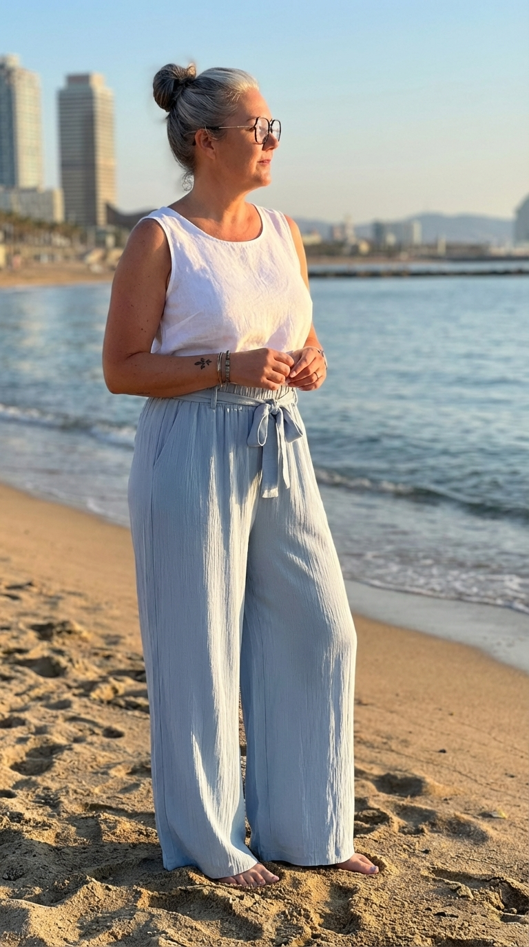 pantalon fluide bleu ciel femme léger confortable
	pantalon large été taille élastique femme
	pantalon fluide élégant facile à porter
