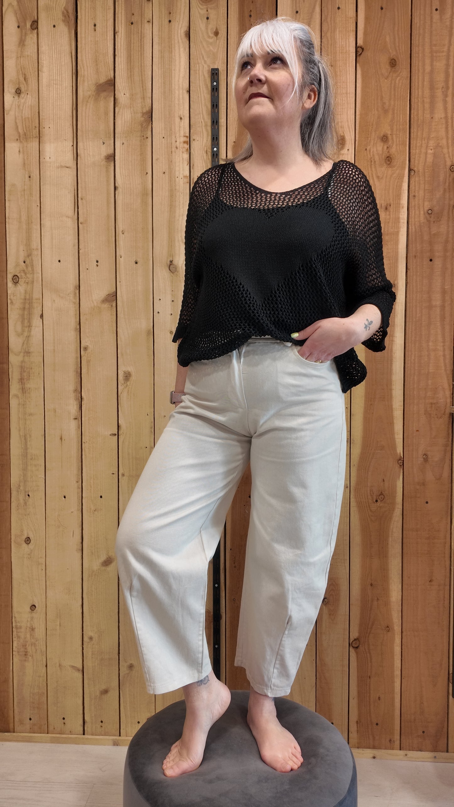 Pantalon barrel beige femme coupe large coton taille haute look casual