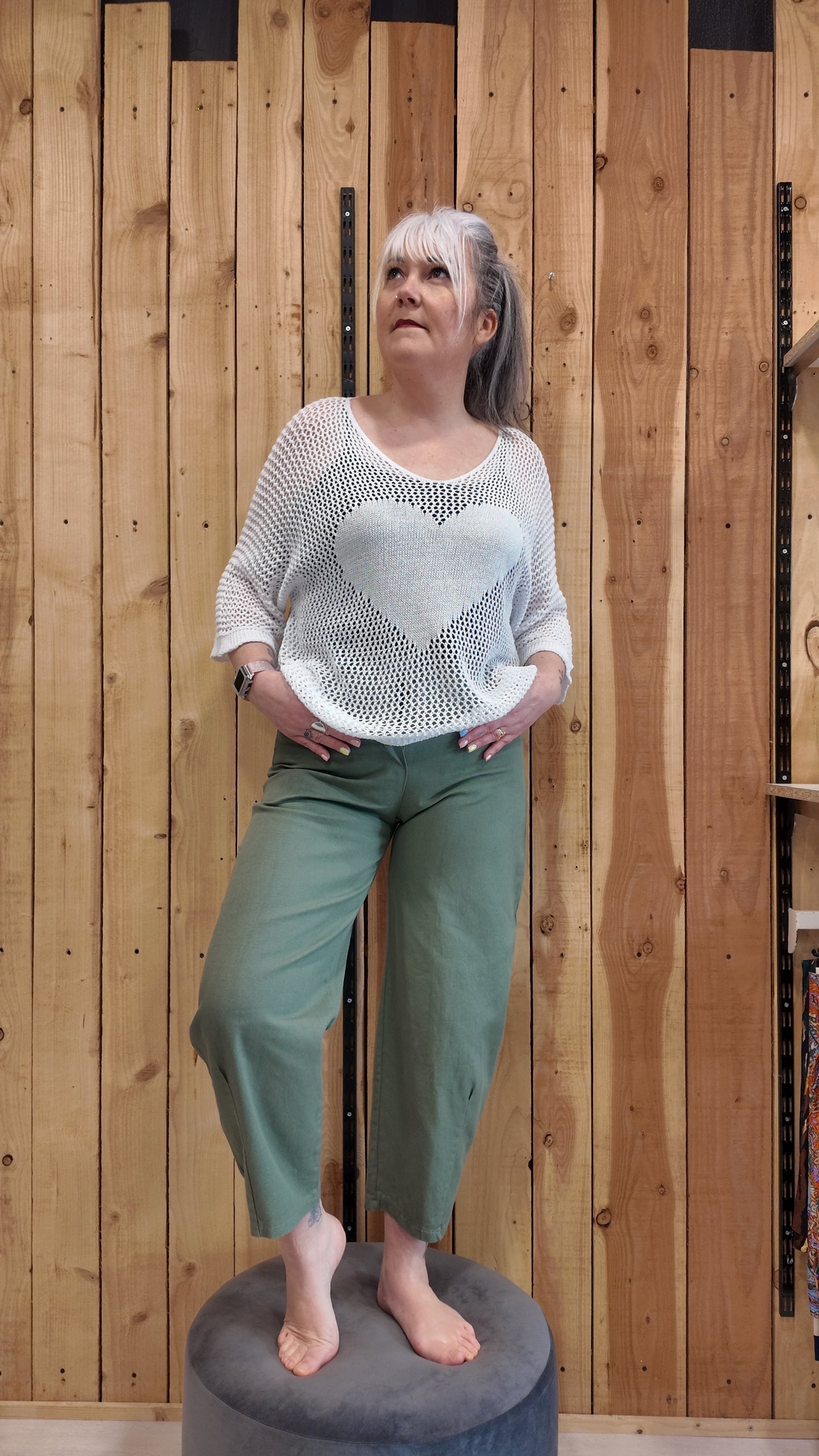 Pantalon barrel kaki femme coupe tendance coton taille haute