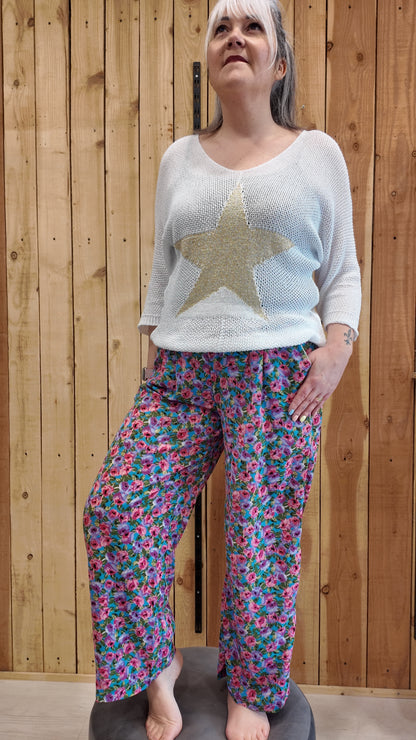 Pantalon fluide fleuri femme coupe large imprimé floral coloré printemps