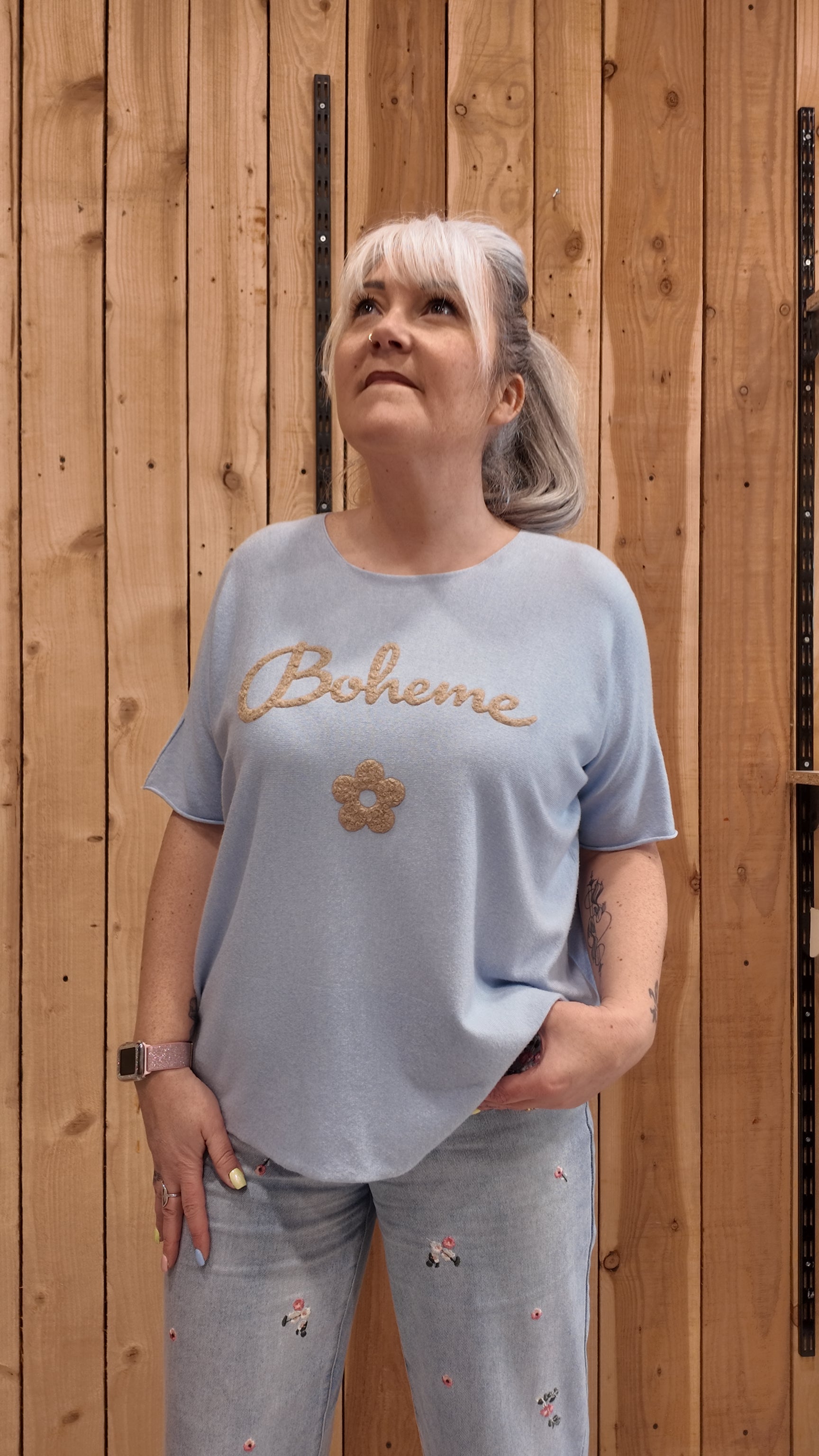 T-shirt femme bohème bleu inscription dorée coupe fluide
