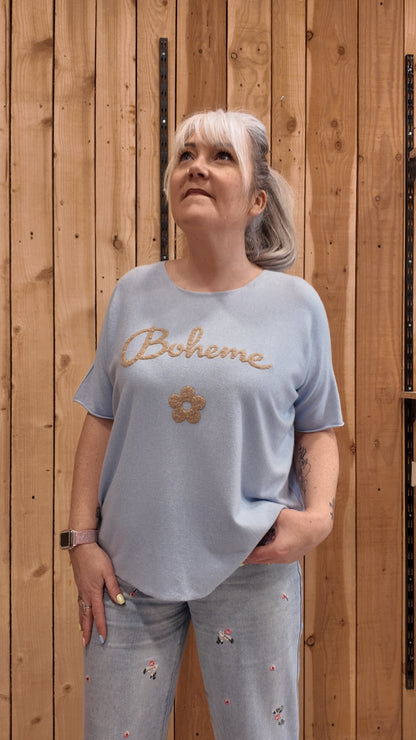 T-shirt femme bohème bleu inscription dorée coupe fluide