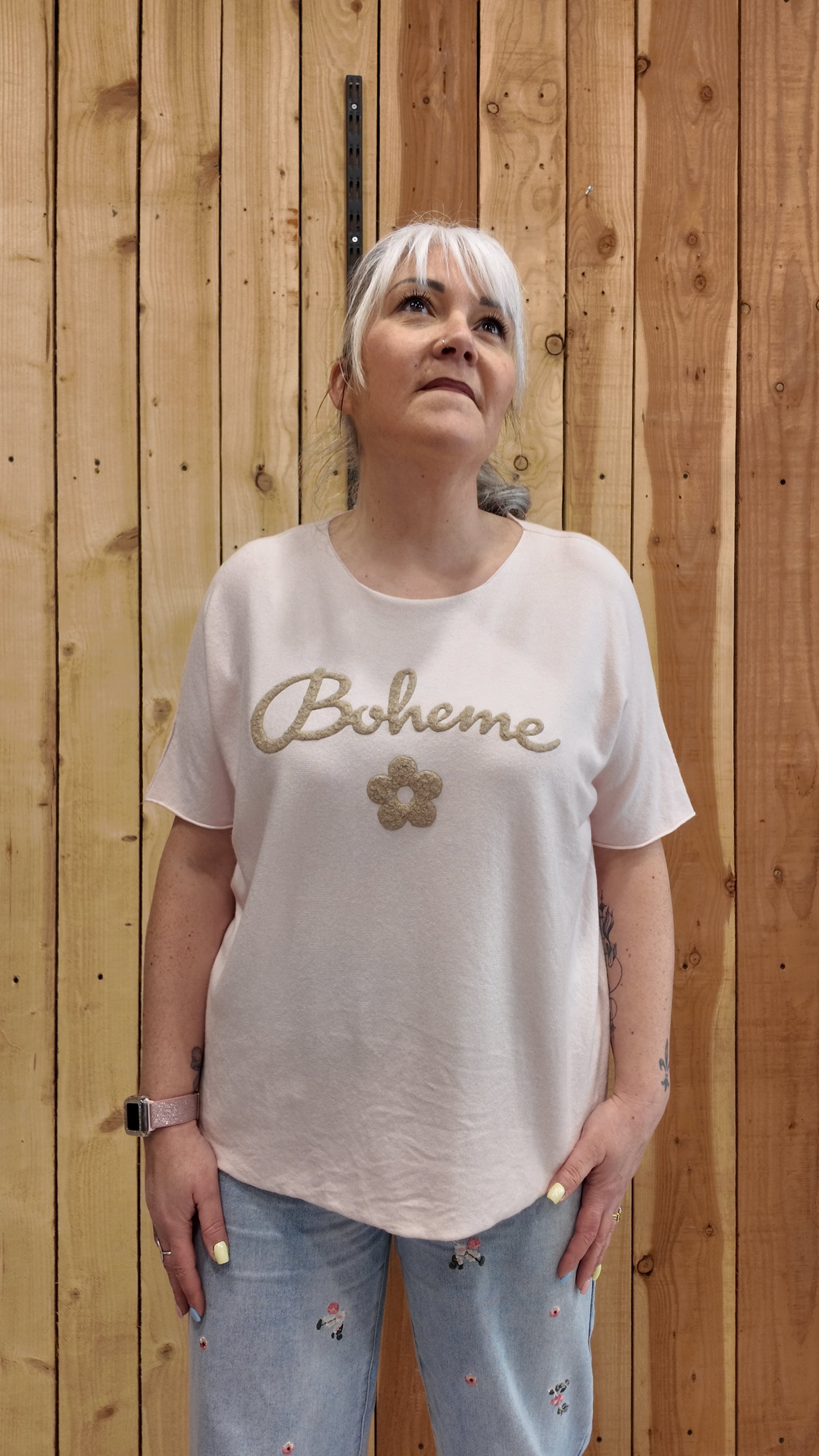 T-shirt bohème femme rose clair inscription dorée