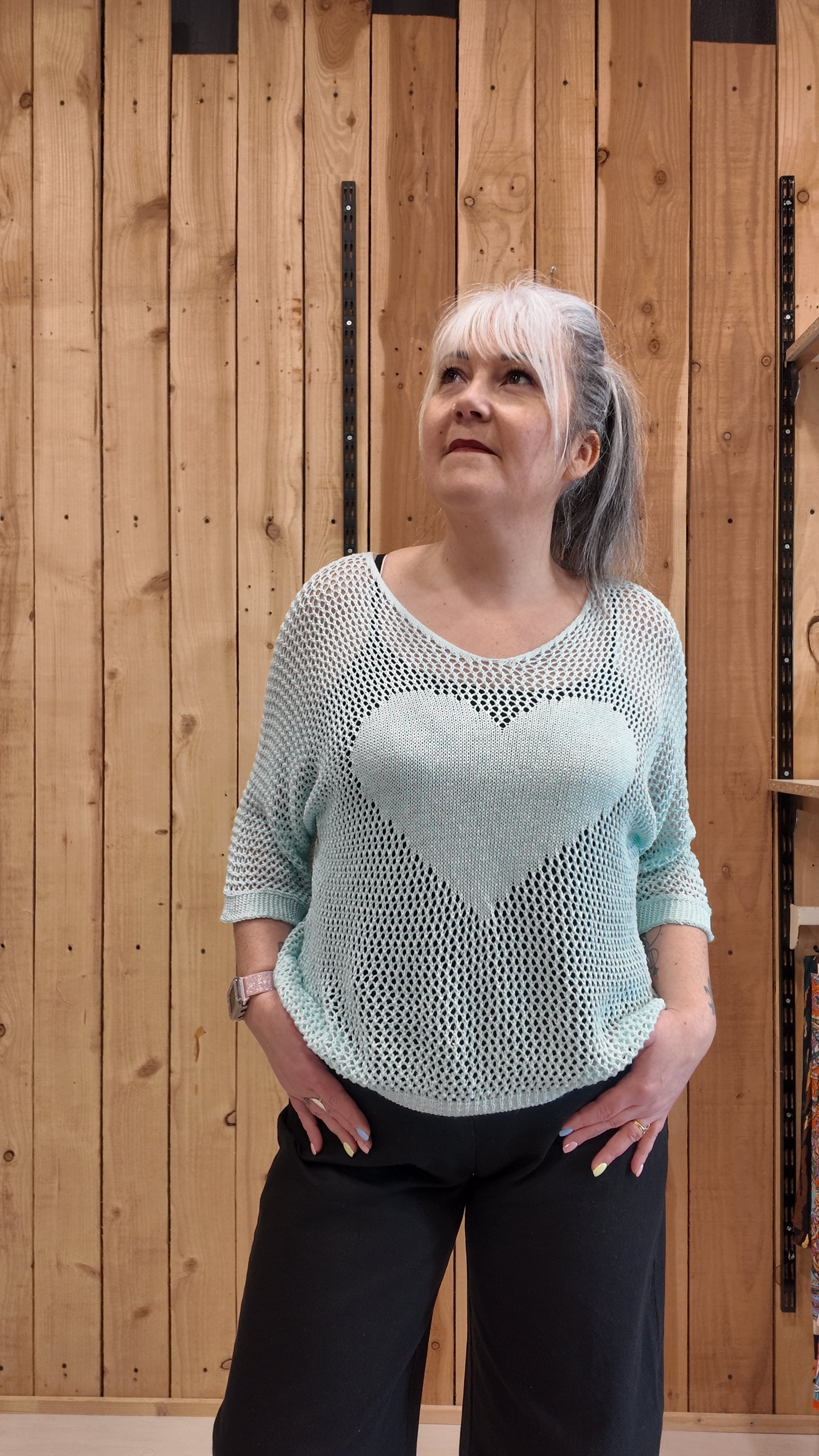 Pull filet vert d’eau femme cœur coupe ample style bohème chic