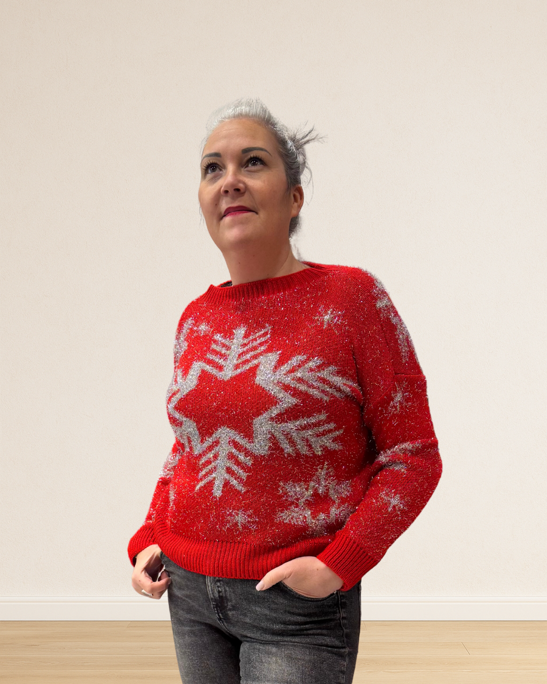 pull festif femme cosy hiver motif flocon rouge
