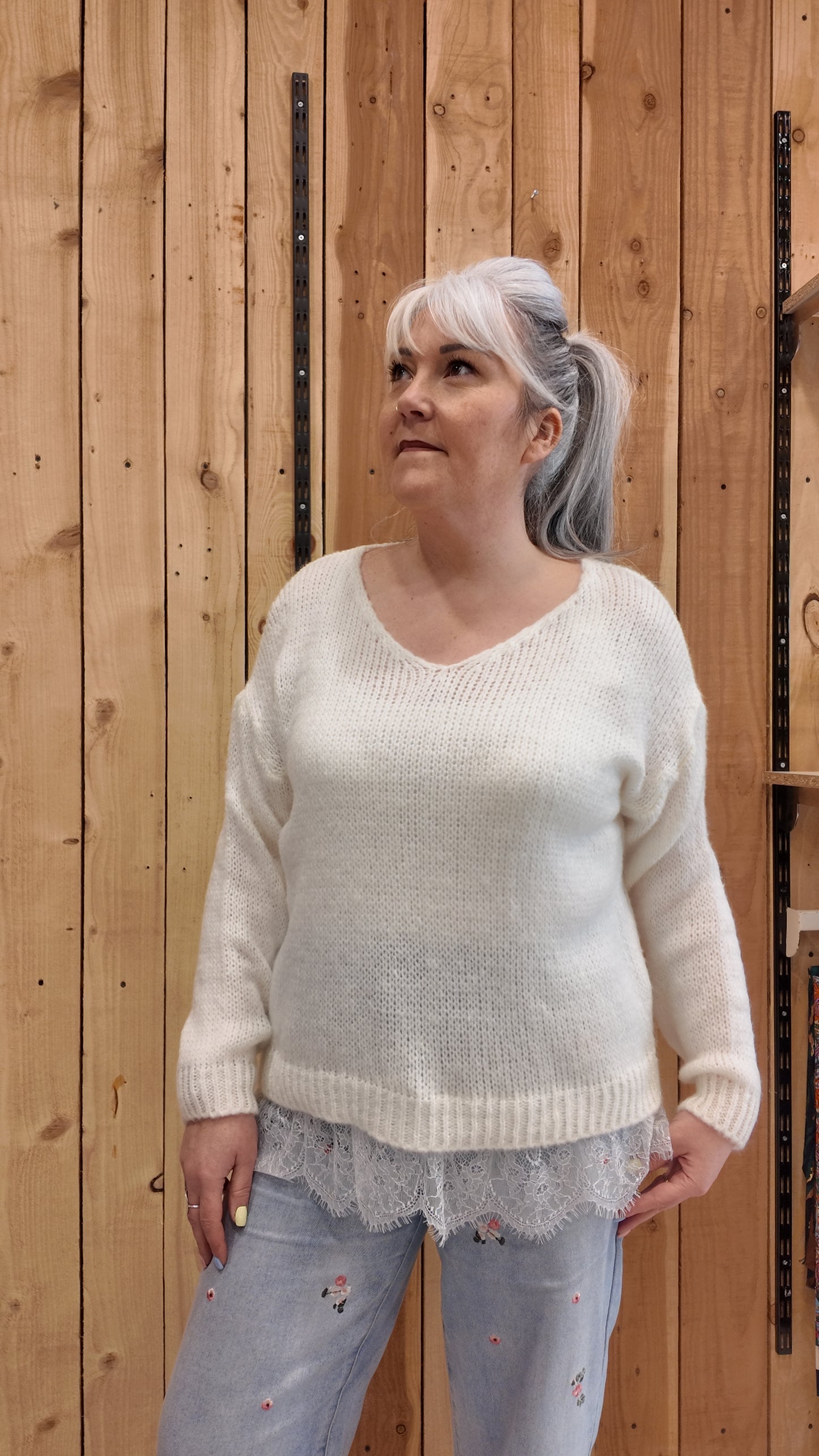 Pull oversize femme blanc dentelle bas maille douce