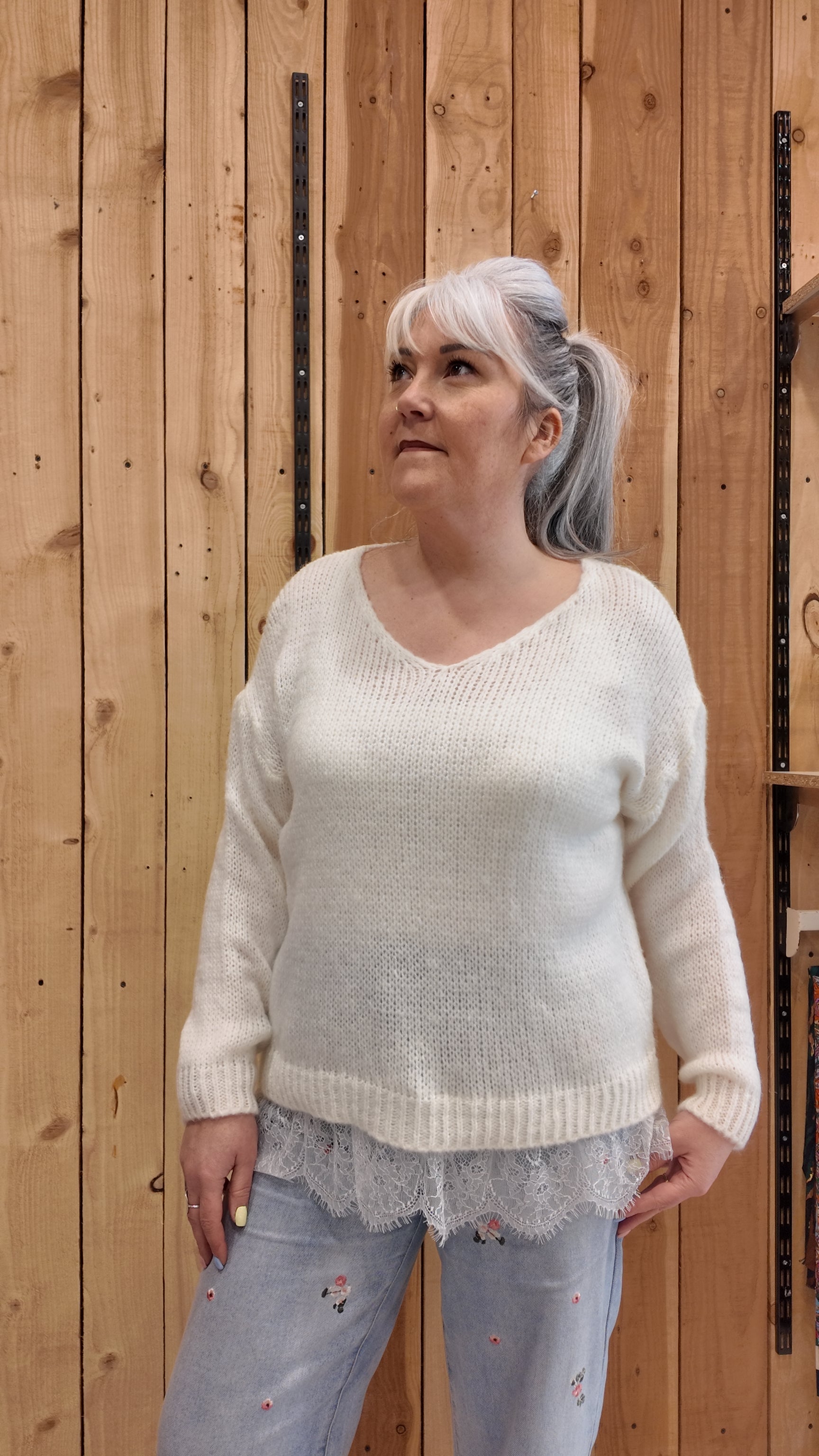 Pull oversize femme blanc dentelle bas maille douce