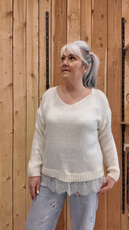 Pull oversize femme blanc dentelle bas maille douce