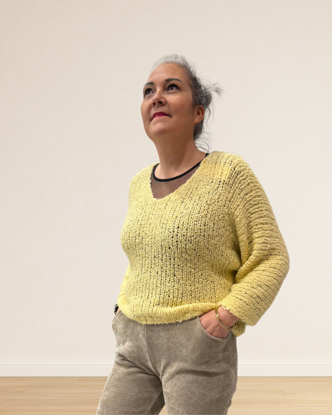 pull duveteux jaune femme
