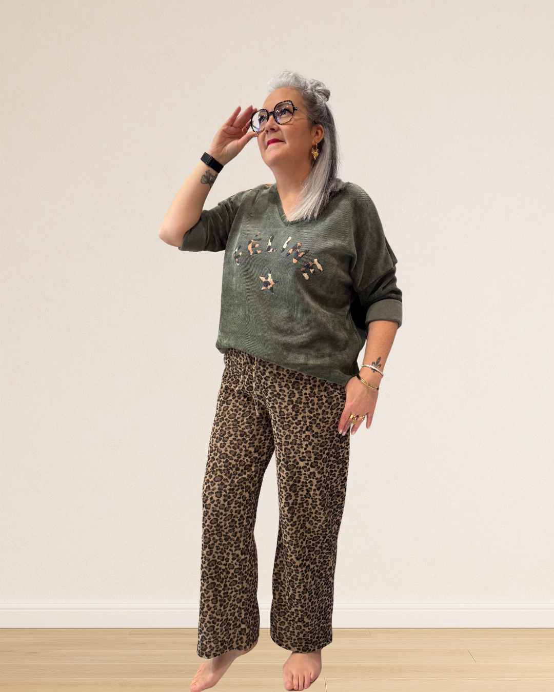 pantalon velours large léopard