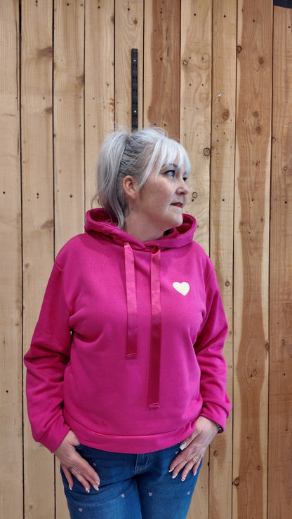 Sweat femme fuchsia à capuche avec patch cœur brodé, modèle tendance grande taille