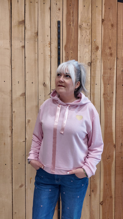 Sweat femme rose à capuche vue dos, coupe ample taille unique jusqu’au 42