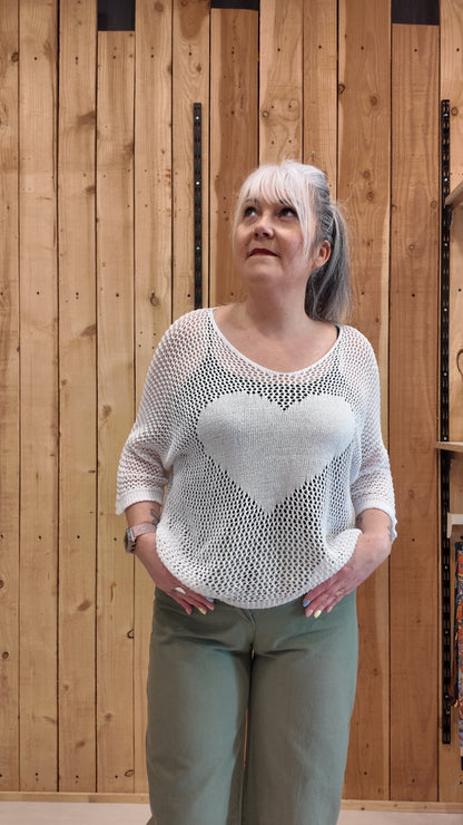 Pull maille filet femme motif cœur léger et confortable