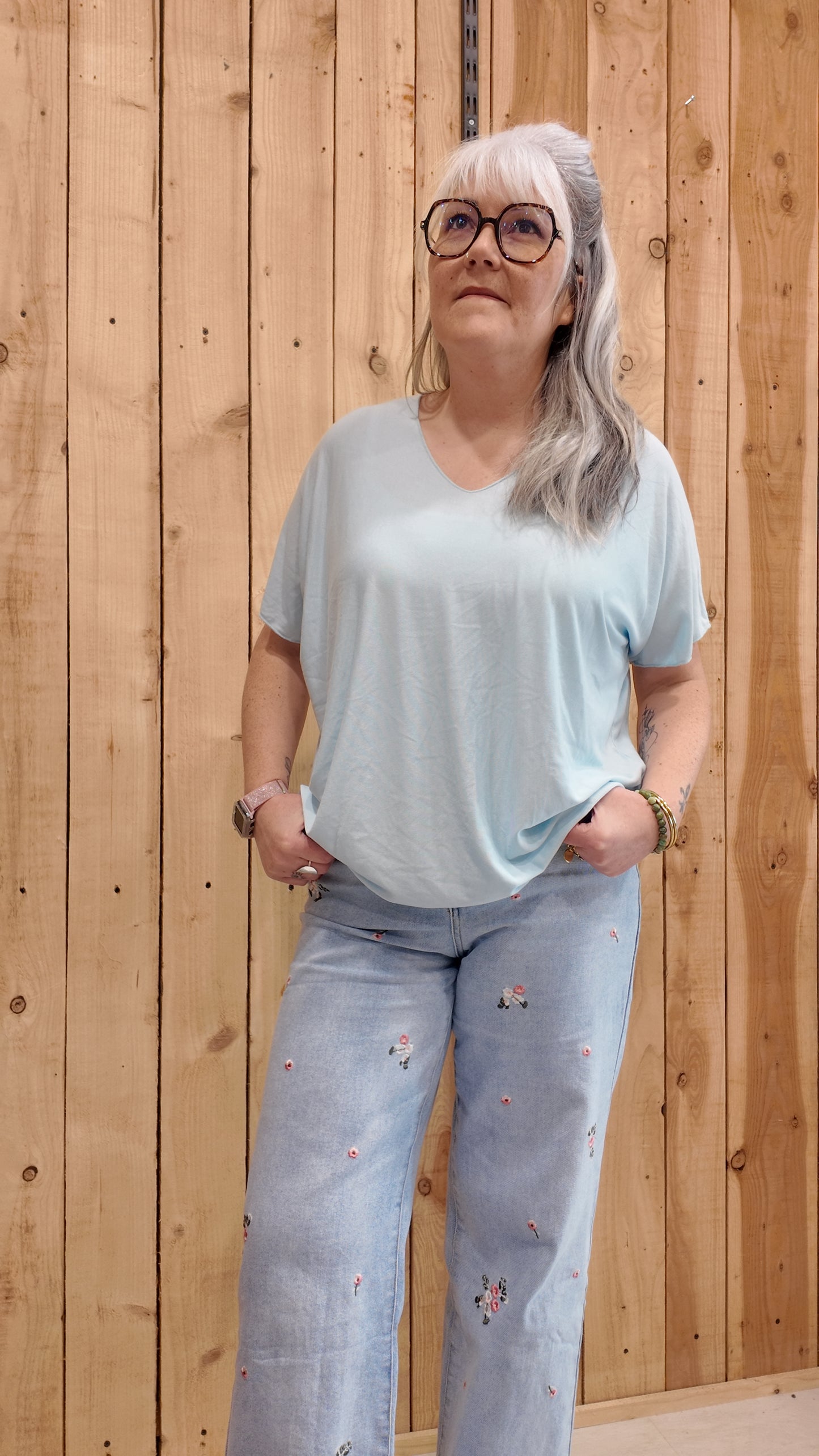 Tee-shirt bleu ciel grande taille femme, top fluide été en viscose