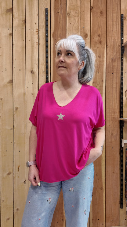 T-shirt femme grande taille fuchsia étoile dorée coupe fluide Italie