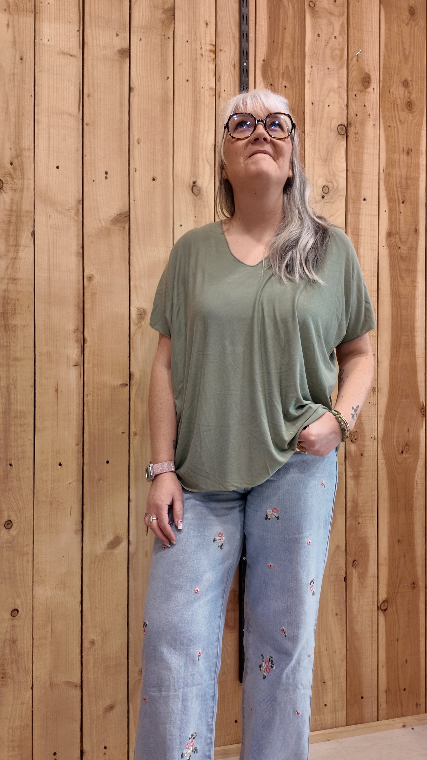 Tee-shirt kaki femme grande taille, top confortable en viscose taille unique jusqu’au 52