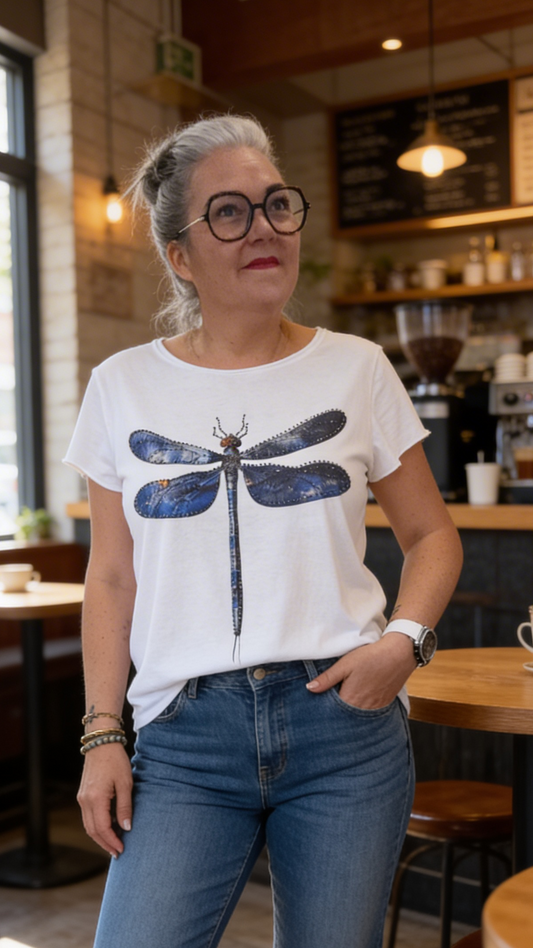 T-shirt femme blanc libellule bleue imprimé élégant femme