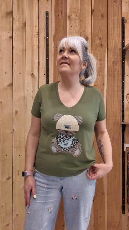 T-shirt femme kaki imprimé ours style casual tendance