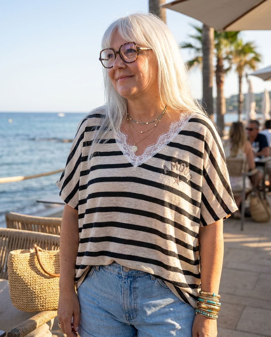 Tunique marinière femme look bord de mer rayures noir naturel fluide confortable mode estivale Madame Rêve

