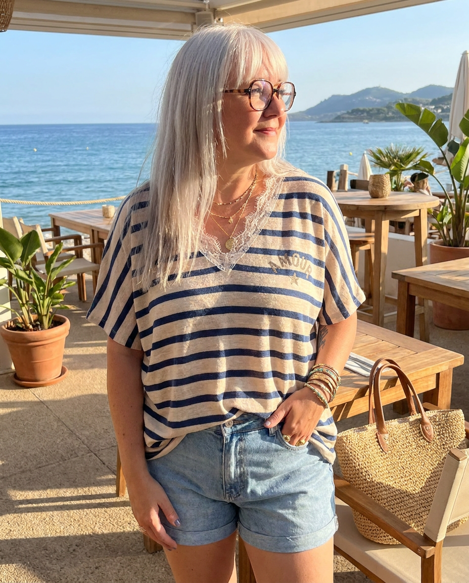 Style marinière chic femme 40 ans tunique rayée lin viscose accessoires dorés look vacances été Madame Rêve