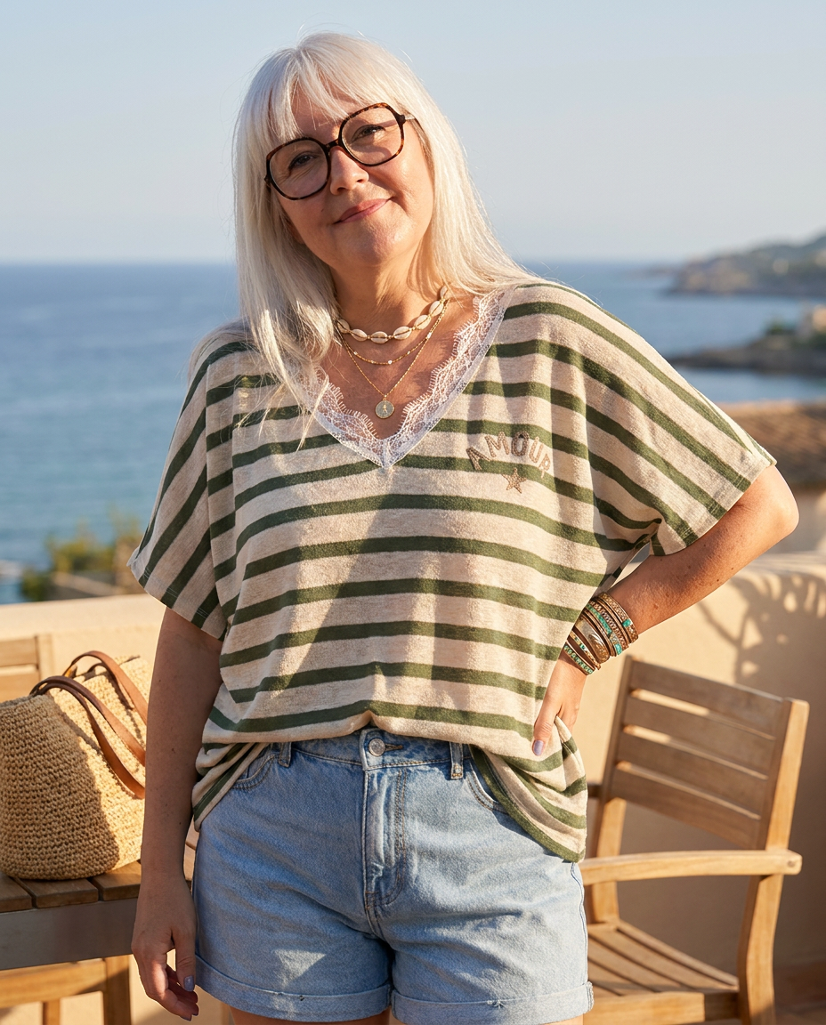 Tunique oversize marinière dos rayures kaki et naturel coupe fluide taille unique 36 au 50 boutique Madame Rêve