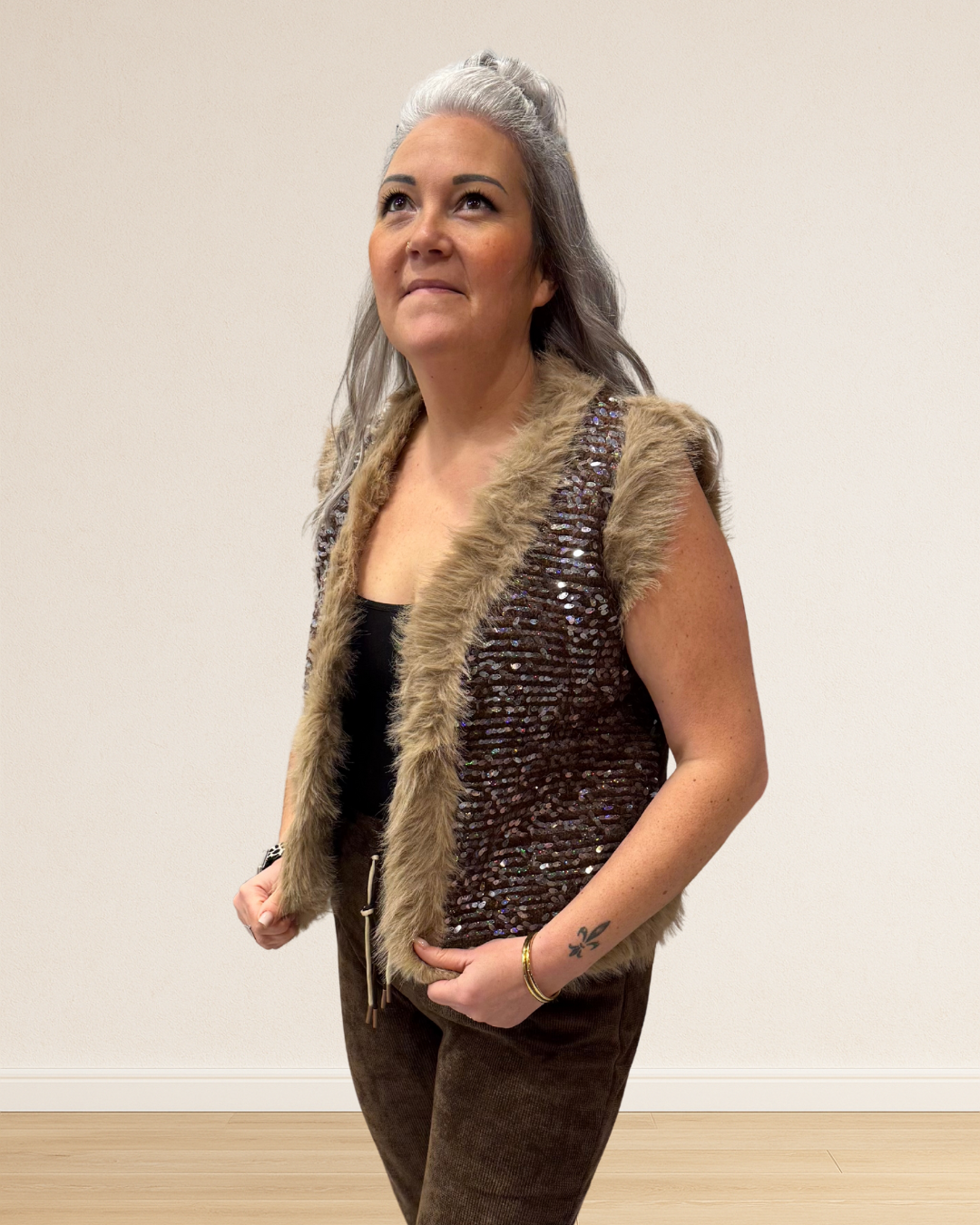 gilet fausse fourrure brillant femme